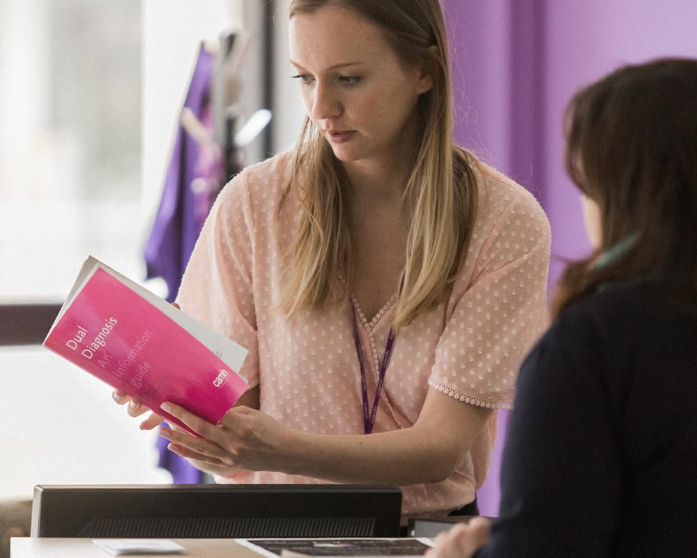 Volunteer giving information to client