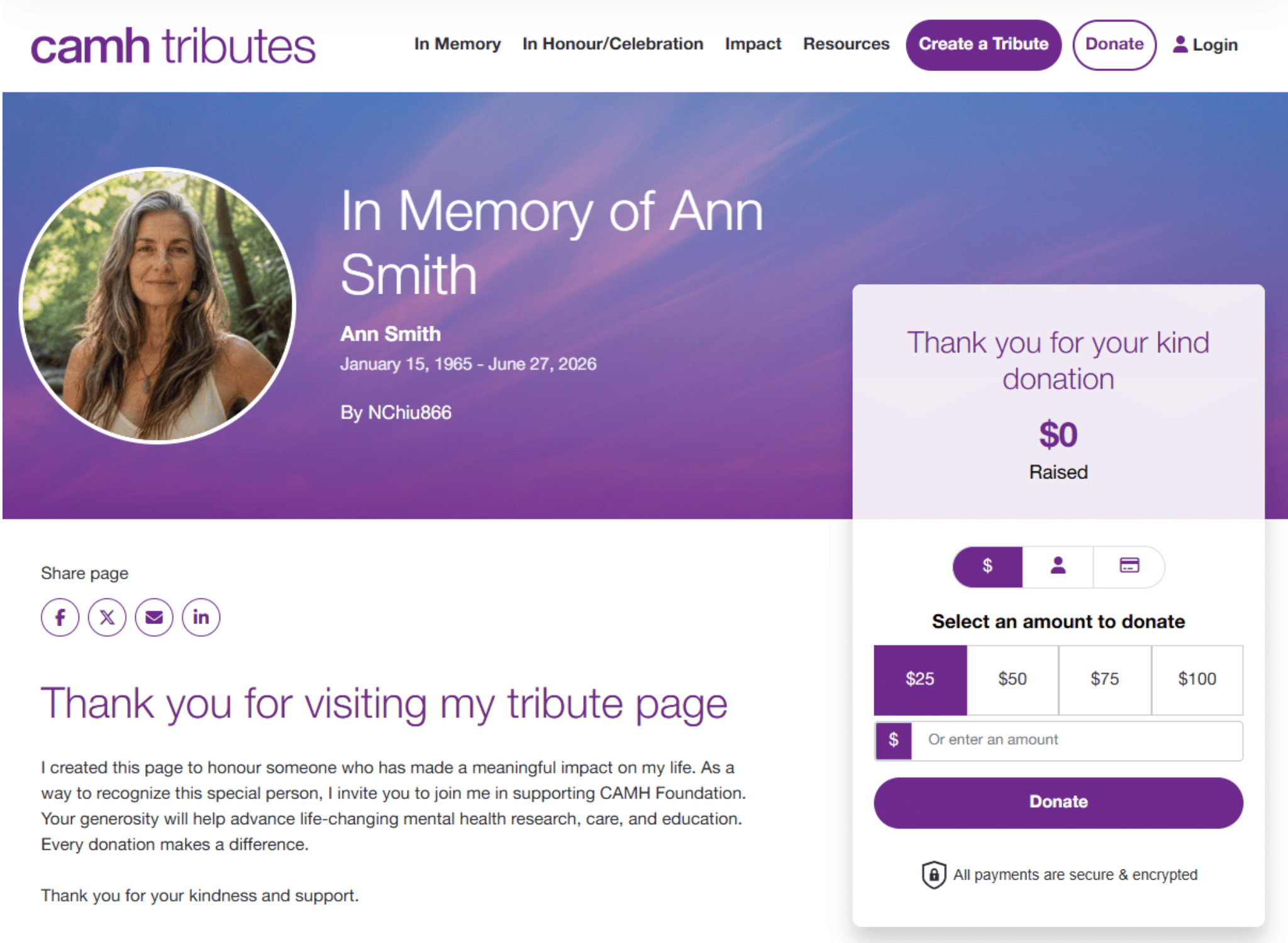 Example of an in memory fundraising webpage
