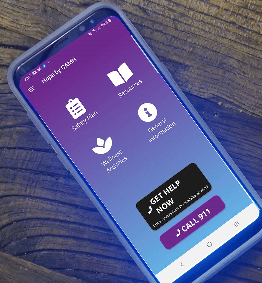 Phone on table with Hope by CAMH app