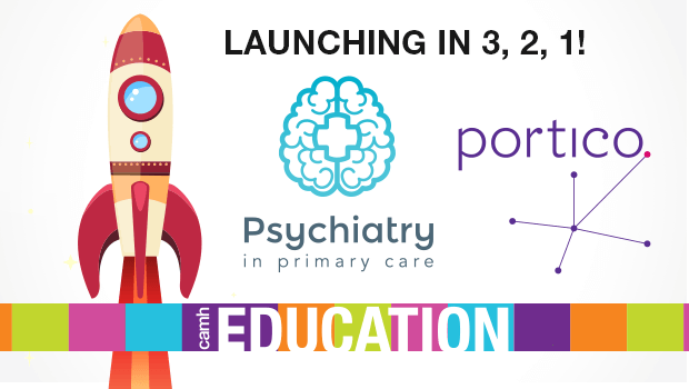 A colourful illustration with a red and pale yellow rocket launching, an axial plane view of cartoon brain with the title Psychiatry in Primary Care, and the Portico logo with the phrase 
