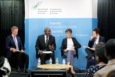 Dr. Kwame McKenzie, Director of Health Equity at CAMH (second from left) and Dr. Branka Agic, Manager of Health Equity at CAMH (third from left), participate in panel during launch of The Case for Diversity Report.