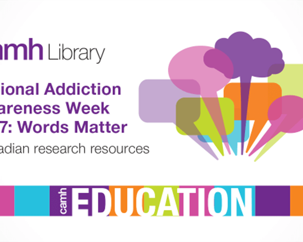 A colourful illustration made by CAMH Library of a bunch of different text bubbles on a white background, with the phrase