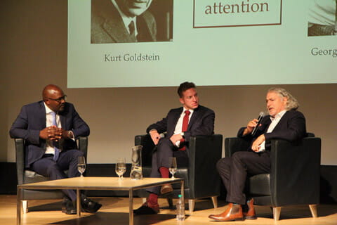 Dr. Kwame McKenzie, CEO of the Wellesley Institute, Elliot Cappell, City of Toronto Chief Resilience Officer, and Dr. Nikolas Rose answer questions from the audience