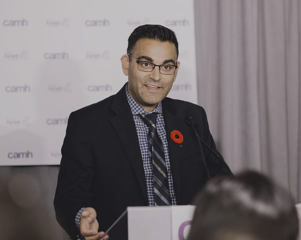 Dr. Neil Vasdev speaking during announcement of Azrieli Centre for Neuro-Radiochemistry