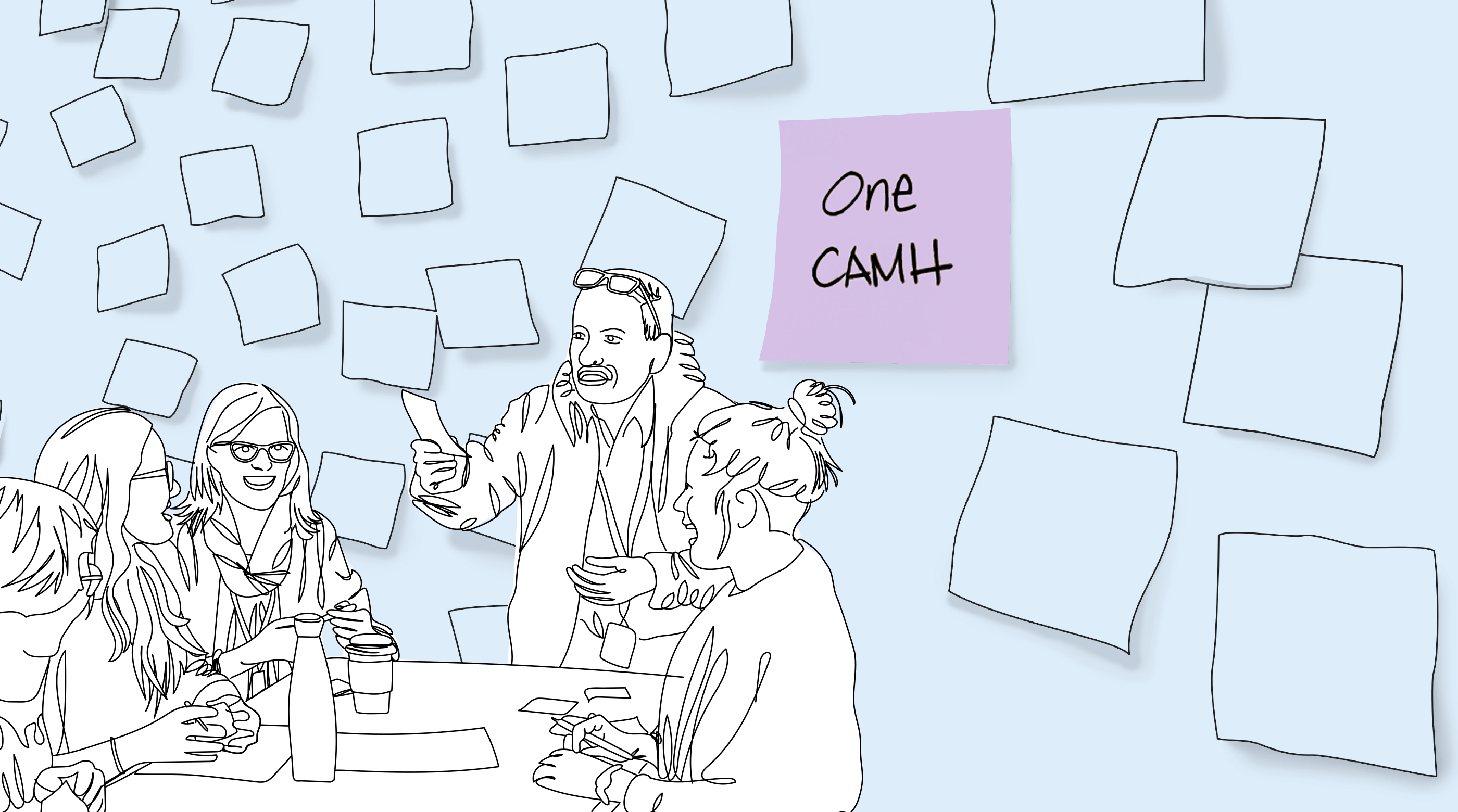 One CAMH: Strategic Plan 2020-2023 cover image featuring illustration of  CAMH staff at plan development Un-Town Hall