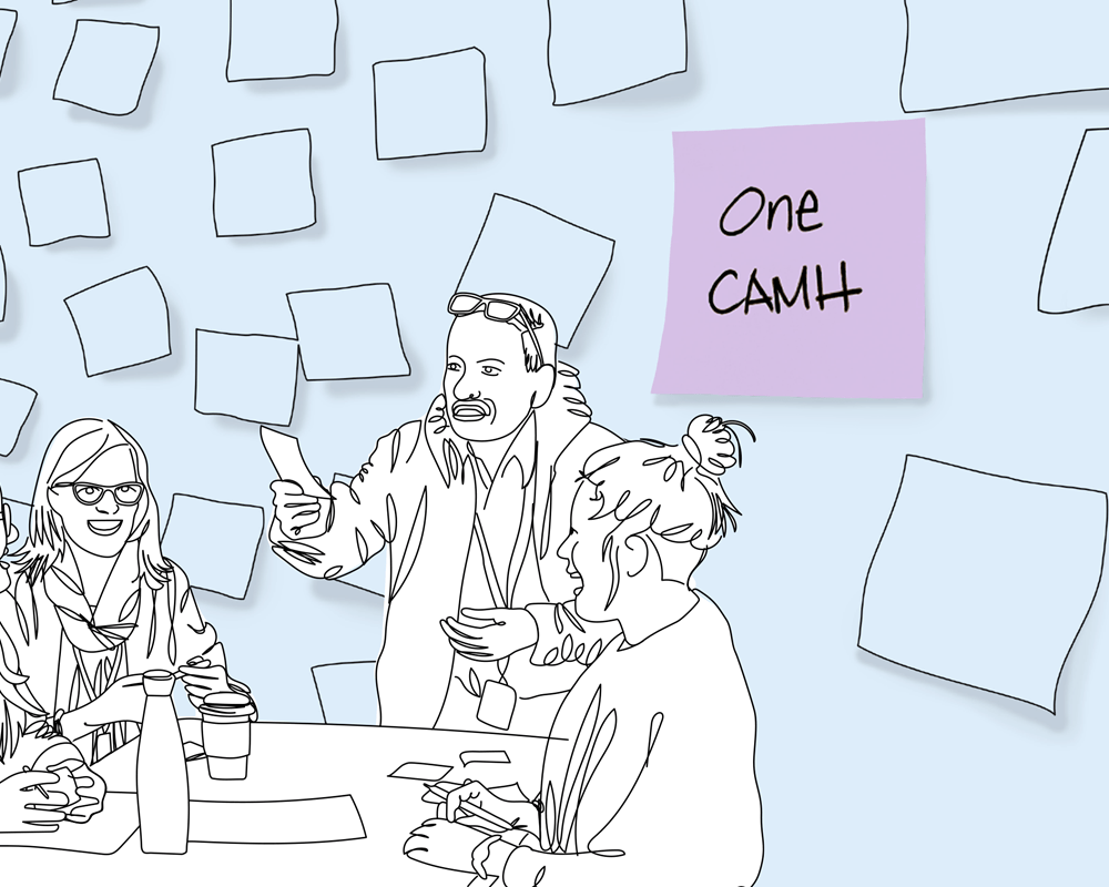 One CAMH: Strategic Plan 2020-2023 cover image featuring illustration of CAMH staff at plan development Un-Town Hall