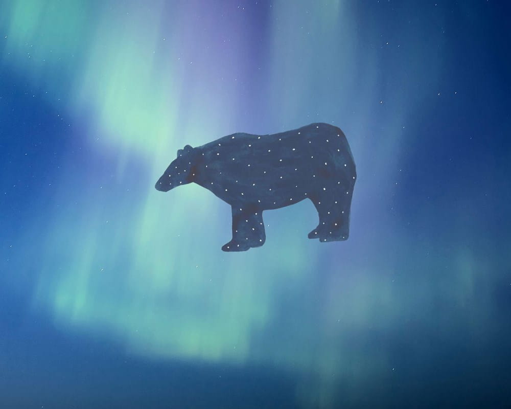 Shkaabe Makwa masthead with bear illustration and Northern Lights