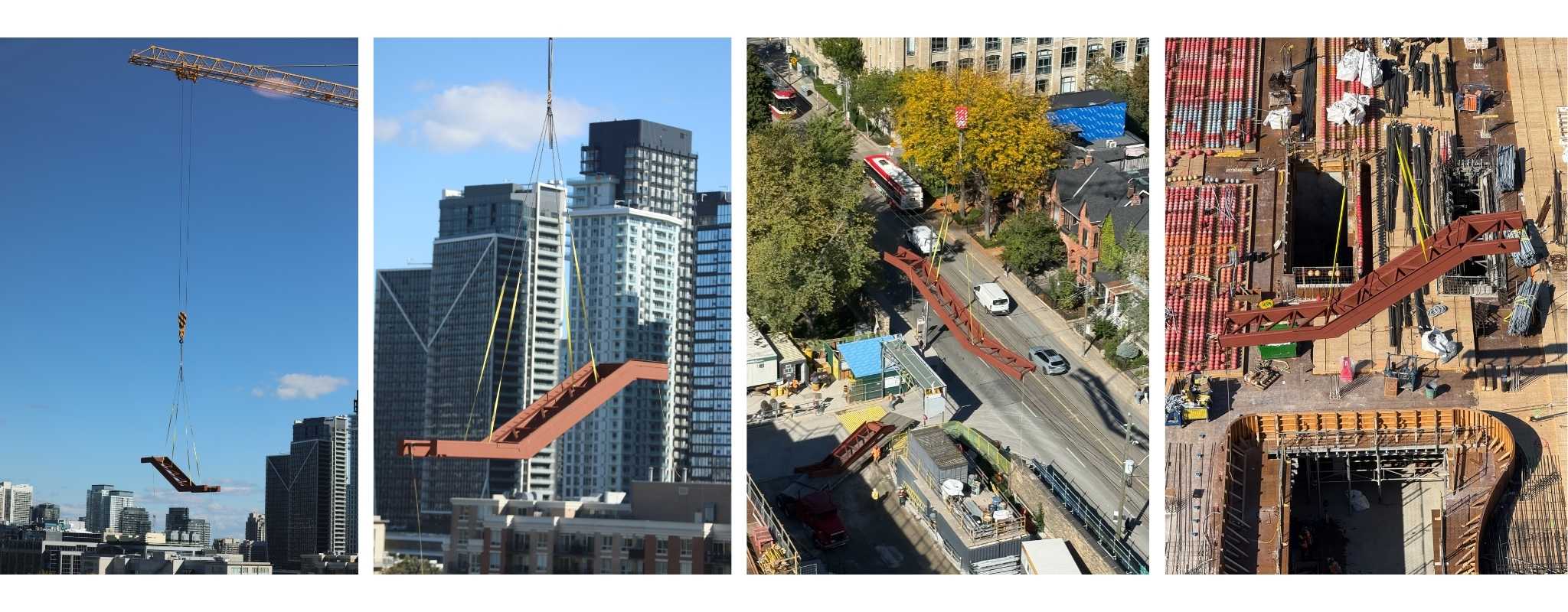 Various images of stairway being hoisted into position for redevelopment Phase 1D