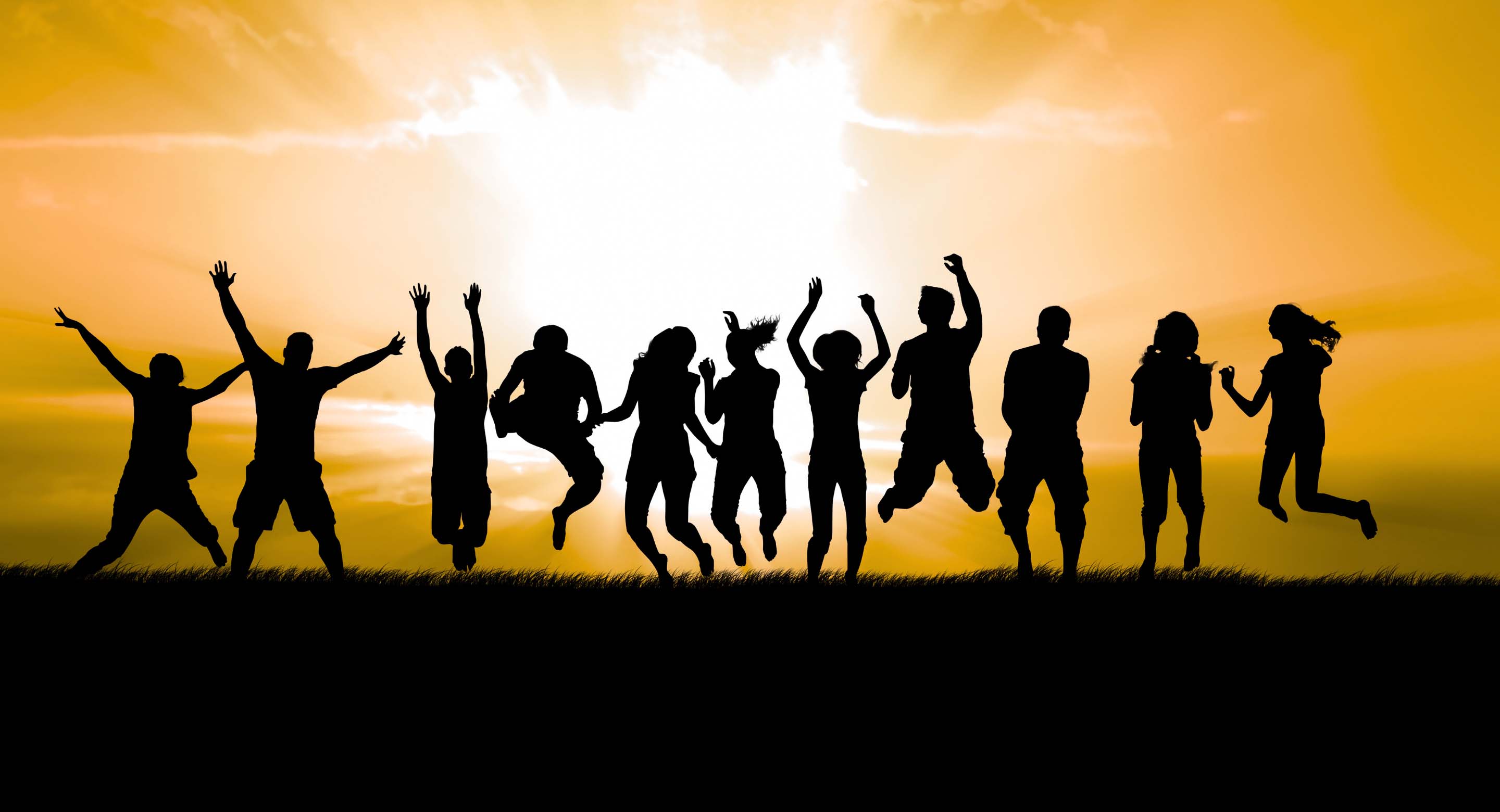 Image of silhouettes of people holding hands in a field